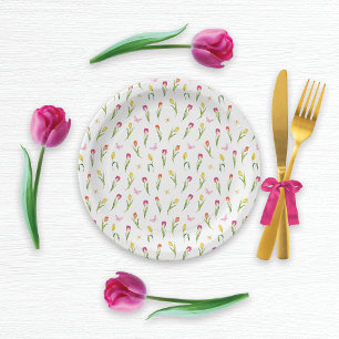 Tulips & Butterflies White Pattern  Paper Plates
