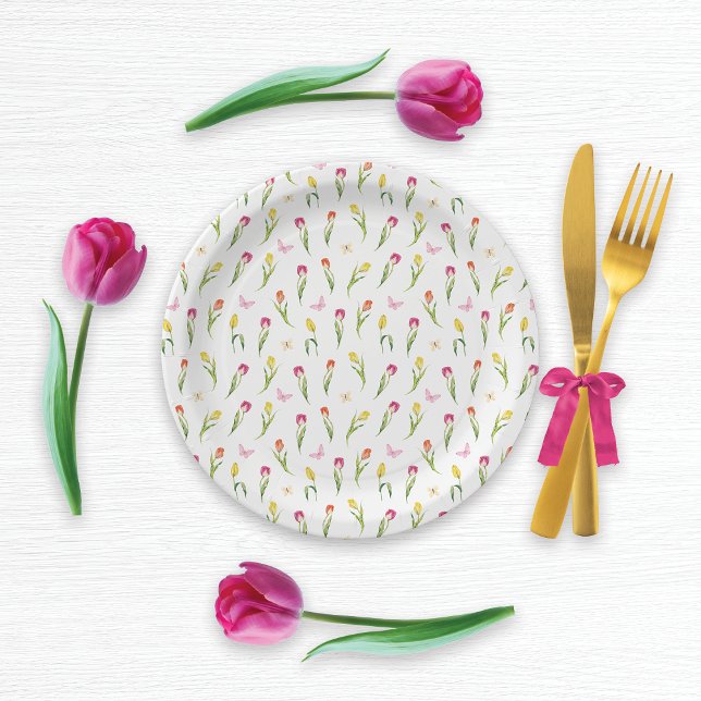 Tulips & Butterflies White Pattern  Paper Plates (Creator Uploaded)
