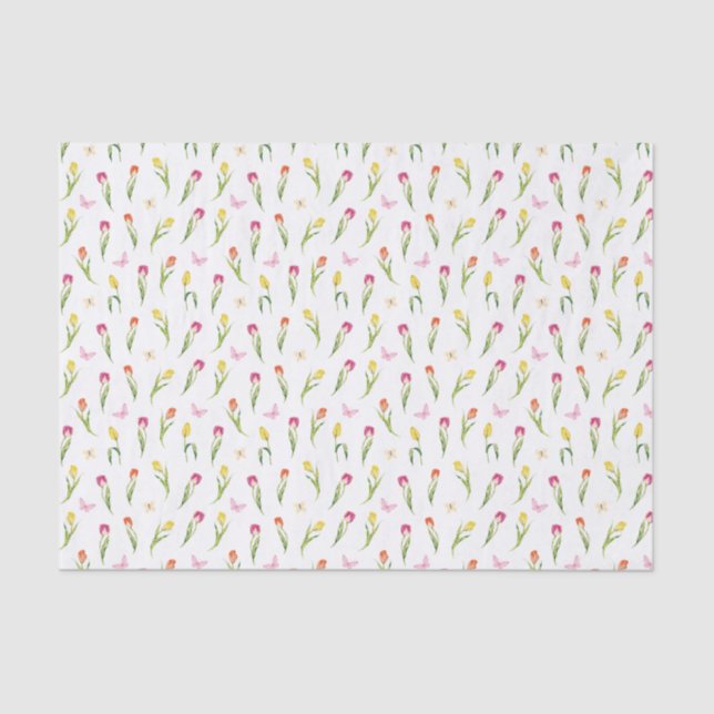 Tulips & Butterflies White Pattern  Tissue Paper (Front)