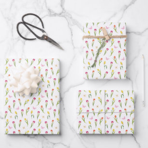 Tulips & Butterflies White Pattern  Wrapping Paper Sheets