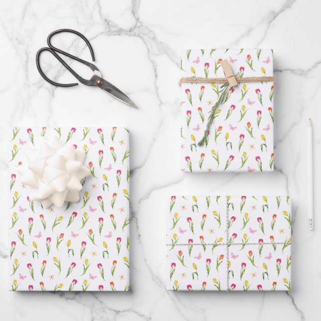 Tulips & Butterflies White Pattern  Wrapping Paper Sheets (Front)