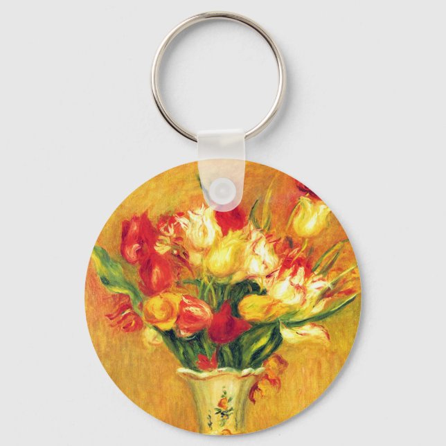 Tulips by Pierre Renoir, Vintage Impressionism Art Keychain (Front)