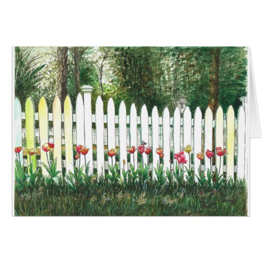Tulips by the white fence cards (Front Horizontal)
