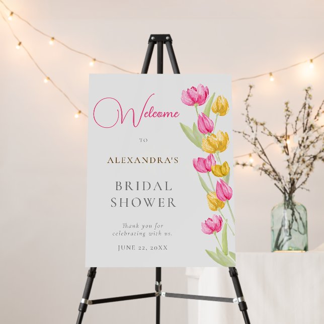 Tulips Calligraphy Pink Bridal Shower Welcome Sign (In Situ (Stand))