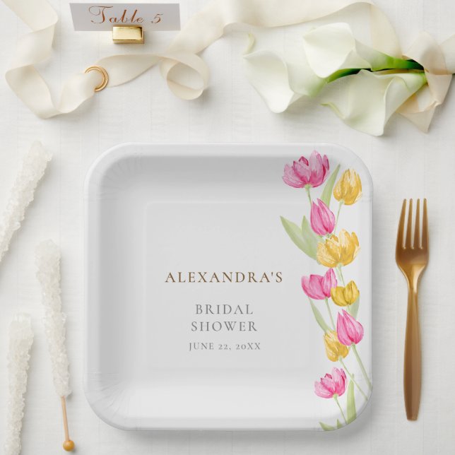 Tulips Calligraphy Pink Spring Boho Bridal Shower Paper Plates (Wedding)