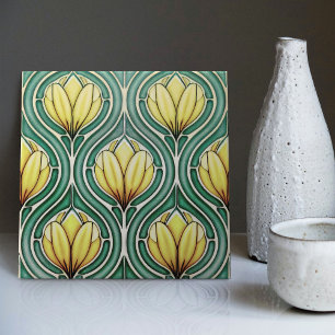 Tulips Citrus Yellow Symmetric Pattern Art Nouveau Ceramic Tile