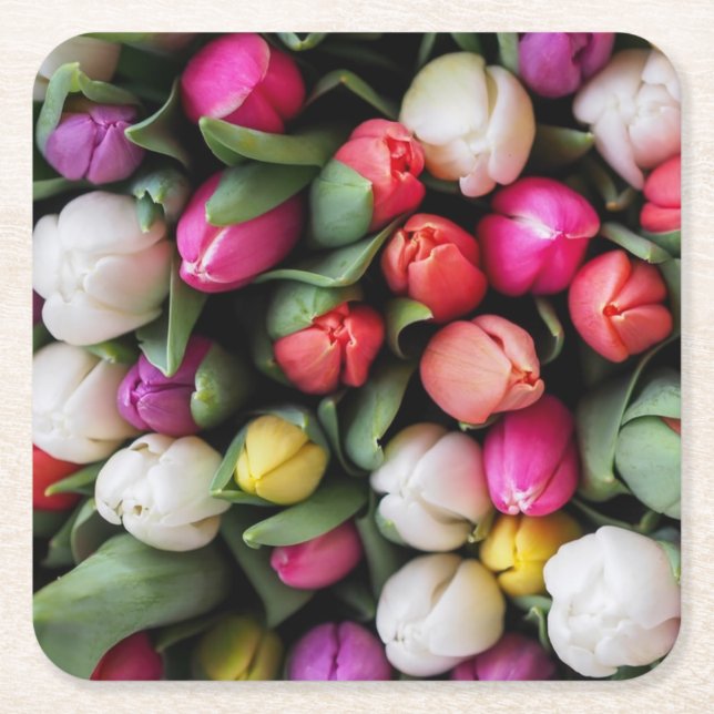 Tulips Colorful Flowers Easter Spring Square Paper Coaster (Front)
