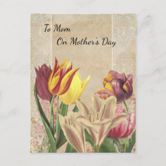 Tulips Crocuses on Beige Vintage Wallpaper Mothers Postcard