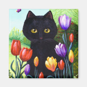 Tulips Cute Black Cat Butterfly Creationarts Magnet
