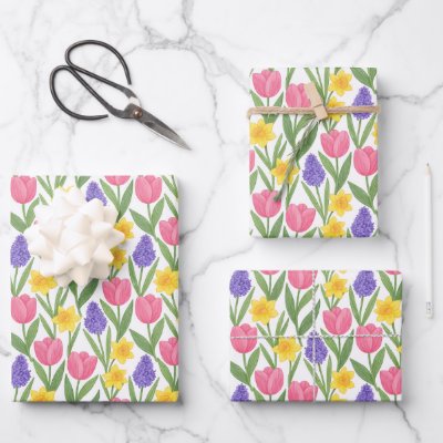 Tulips, Daffodils, Hyacinths Coloring Style Wrapping Paper Sheets