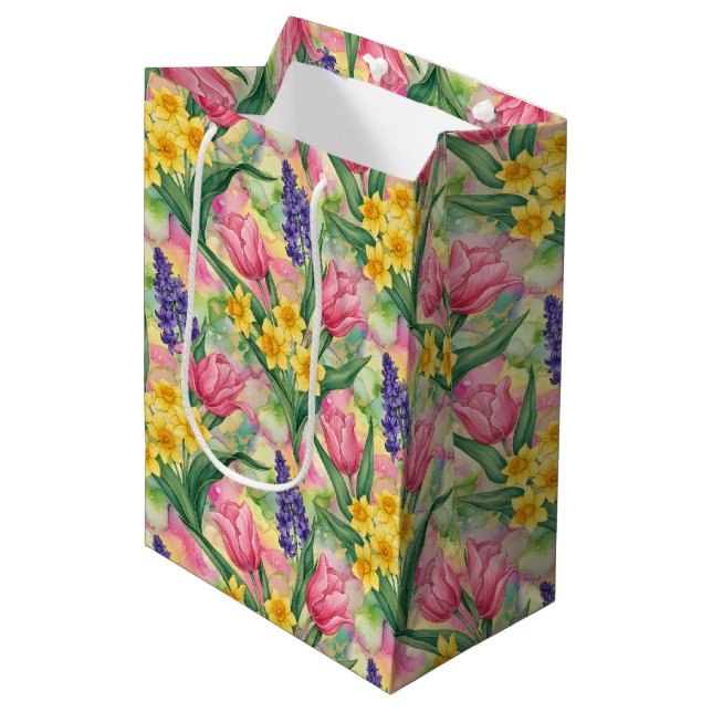 Tulips, Daffodils, Hyacinths in Alcohol Ink Style Medium Gift Bag (Front Angled)