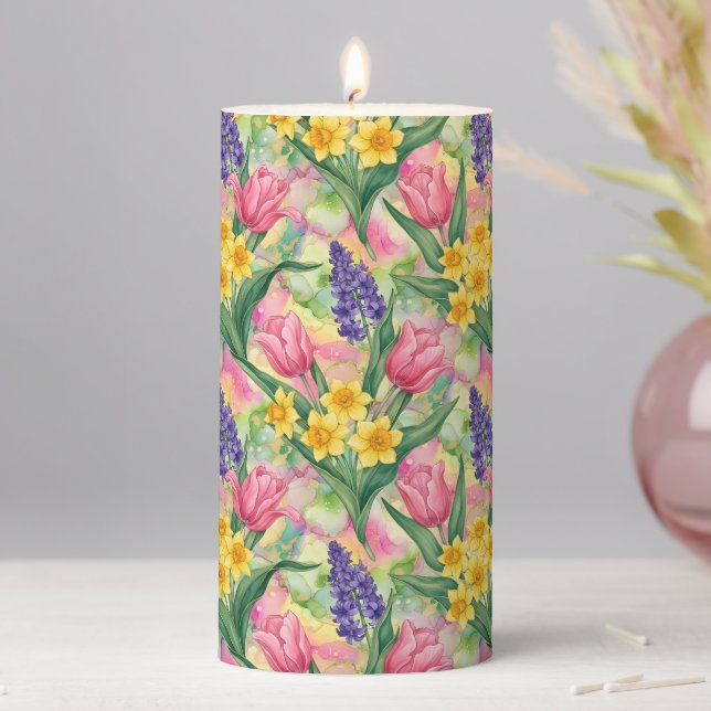 Tulips, Daffodils, Hyacinths in Alcohol Ink Style Pillar Candle (In Situ)