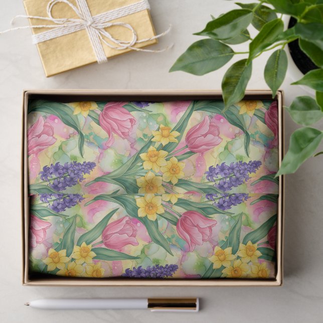 Tulips, Daffodils, Hyacinths in Alcohol Ink Style Tissue Paper (Gift)