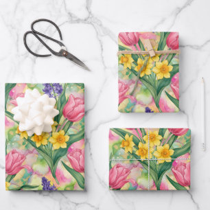 Tulips, Daffodils, Hyacinths in Alcohol Ink Style Wrapping Paper Sheets