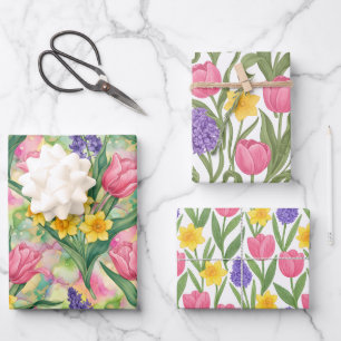 Tulips Daffodils Hyacinths Three Different Styles Wrapping Paper Sheets