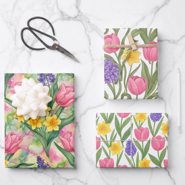 Tulips Daffodils Hyacinths Three Different Styles Wrapping Paper Sheets (Front)