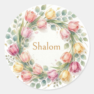 Tulips Eucalyptus Wreath, Shalom Watercolor Gold Classic Round Sticker