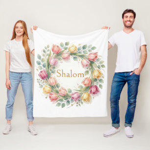 Tulips Eucalyptus Wreath, Shalom Watercolor Gold Fleece Blanket