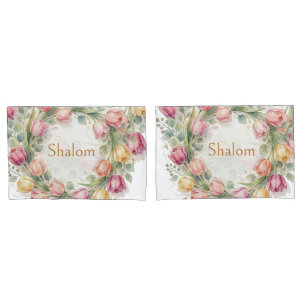 Tulips Eucalyptus Wreath, Shalom Watercolor Gold Pillow Case