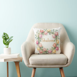 Tulips Eucalyptus Wreath, Shalom Watercolor Gold Throw Pillow