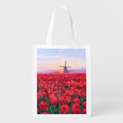 Tulips Field _ Landscape _ Spring in Netherland  Grocery Bag