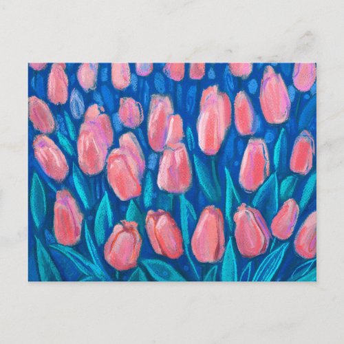 Tulips Field Spring Flowers Floral Art Red Blue  Postcard