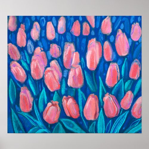 Tulips Field Spring Flowers Floral Art Red Blue  Poster