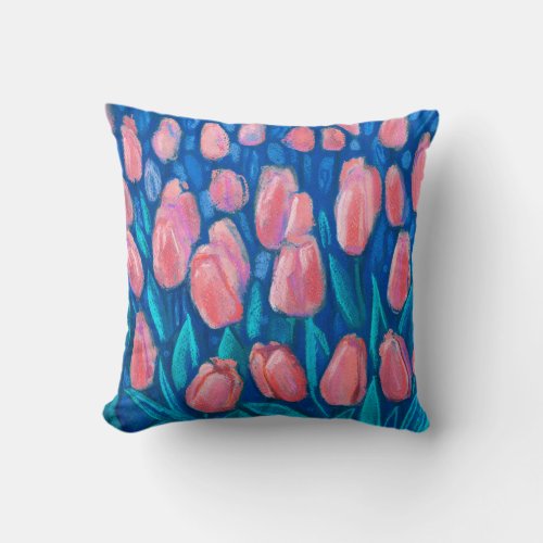 Tulips Field Spring Flowers Floral Art Red Blue Throw Pillow