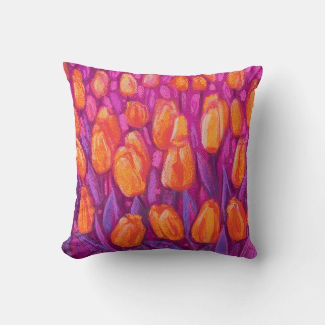 Tulips Field, Spring Flowers Floral Orange Purple Throw Pillow (Front)