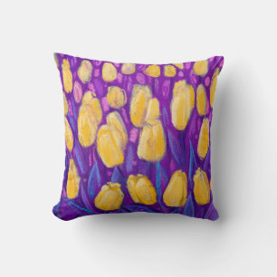 Tulips Field, Spring Flowers Floral Yellow Violet Throw Pillow