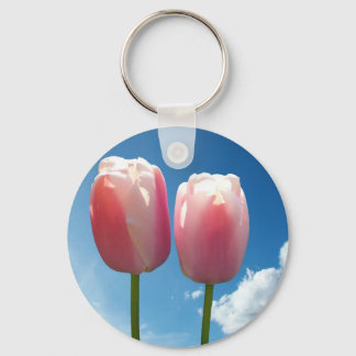 Tulips flowers in blue sky keychain