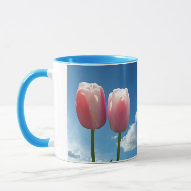 Tulips flowers in blue sky mug (Left)