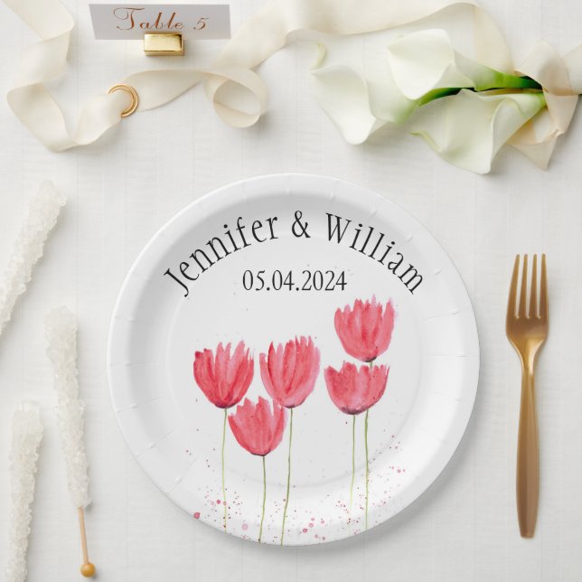 Tulips Flowers watercolor Spring Rustic  Wedding Paper Plates (Wedding)