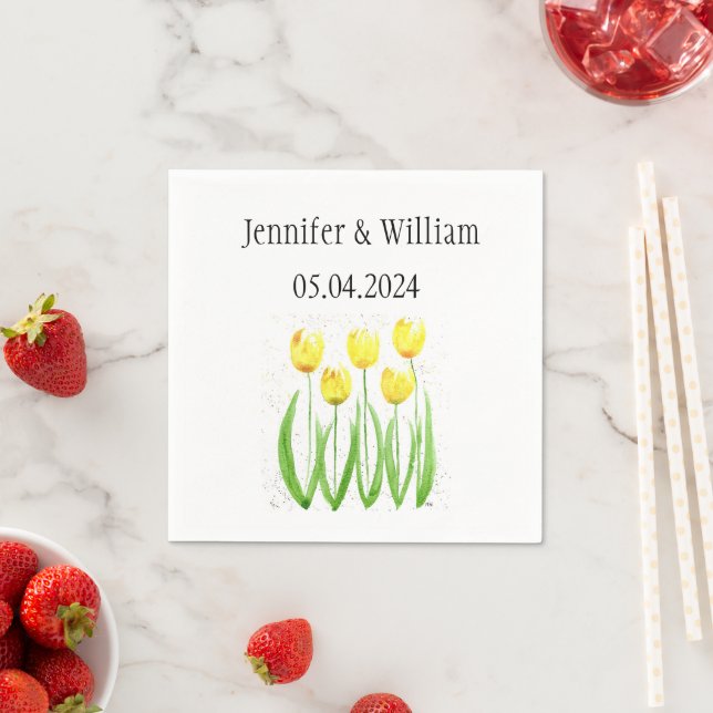 Tulips flowers watercolor Yellow Rustic  Wedding Napkins (Insitu)