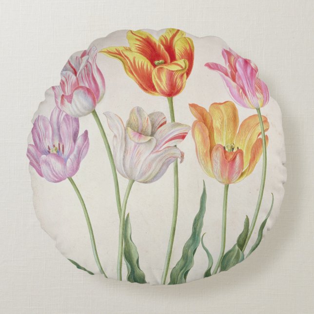 Tulips, from the 'Nassau Florilegium' (w/c on pape Round Pillow (Front)
