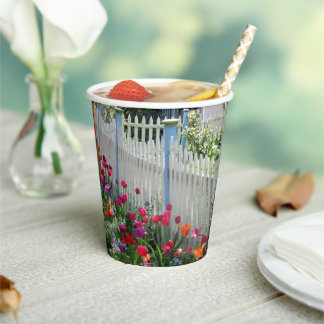 Tulips Garden Along White Picket Fence Photography Paper Cups
