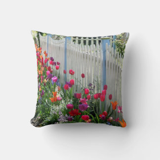 Tulips garden along white picket fence pillow