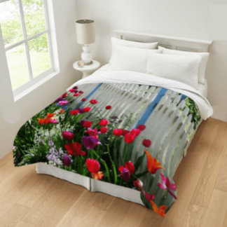tulips garden white picket fence Cape May NJ photo Duvet Cover