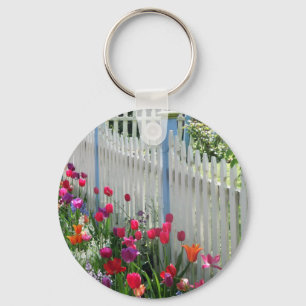 tulips garden white picket fence Cape May NJ photo Keychain