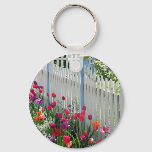 tulips garden white picket fence Cape May NJ photo Keychain (Front)