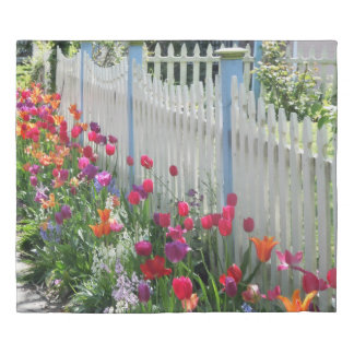 Tulips garden white picket fence duvet cover
