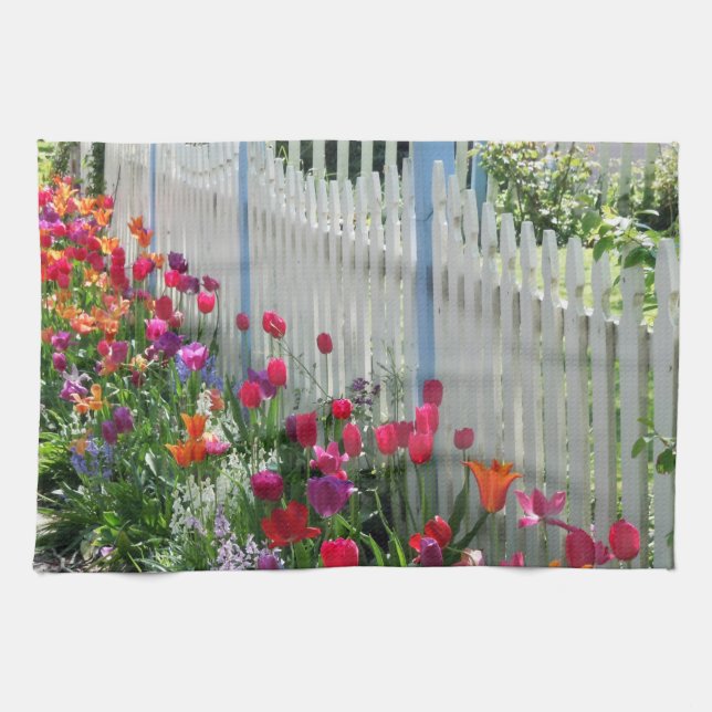 Tulips garden white picket fence kitchen towel (Horizontal)