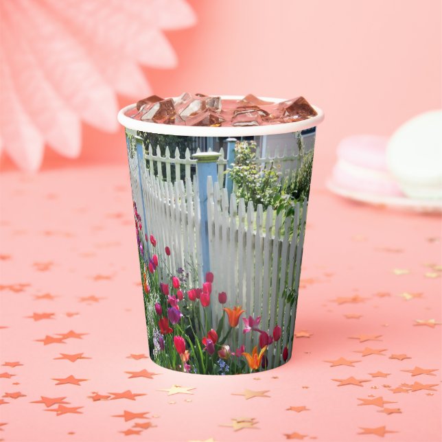 Tulips garden white picket fence paper cups (Insitu)