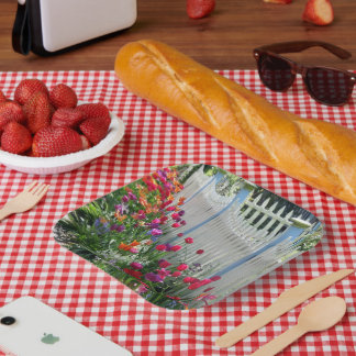 Tulips garden white picket fence paper plates