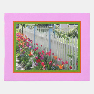 Tulips Garden White Picket Fence Photo Border Rug