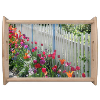 Tulips garden white picket fence serving tray