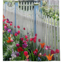 Tulips garden white picket fence shower curtain