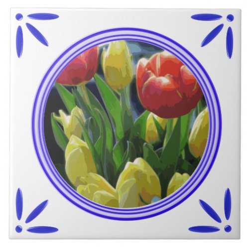 Tulips Holland Traditional_Vintage_Delft_Blue_Look Ceramic Tile