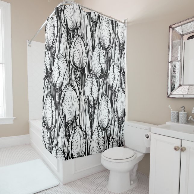 Tulips in black and white shower curtain (In Situ)