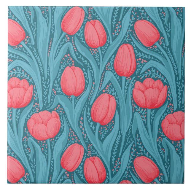 Tulips in blue and red ceramic tile (Front)